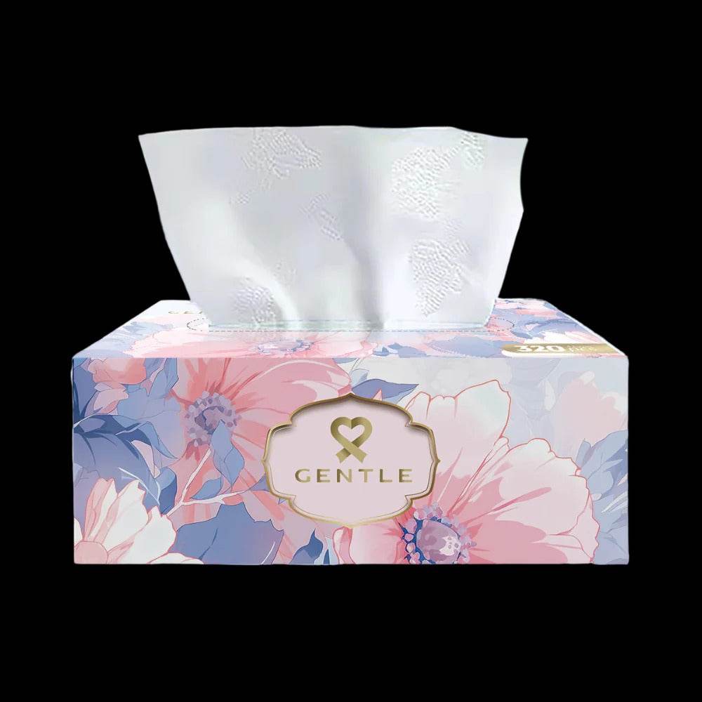 Gentle Dream tissue box with white tissues, pink and blue floral print