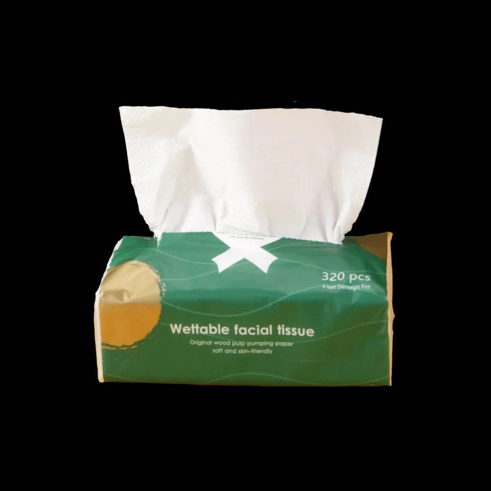 Green wettable facial tissues box, 320 pcs, with white tissue packet
