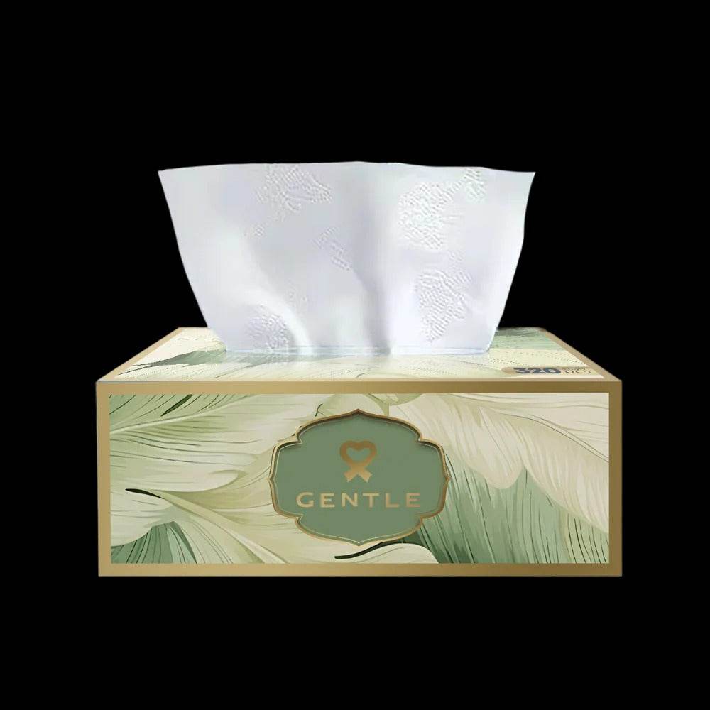 Gentle tissue box with leaf print and tissue sheets coming out