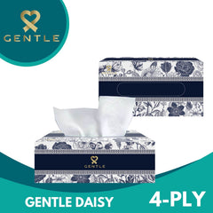 Floral tissue box with 4-ply white tissues, blue and white patterned box design