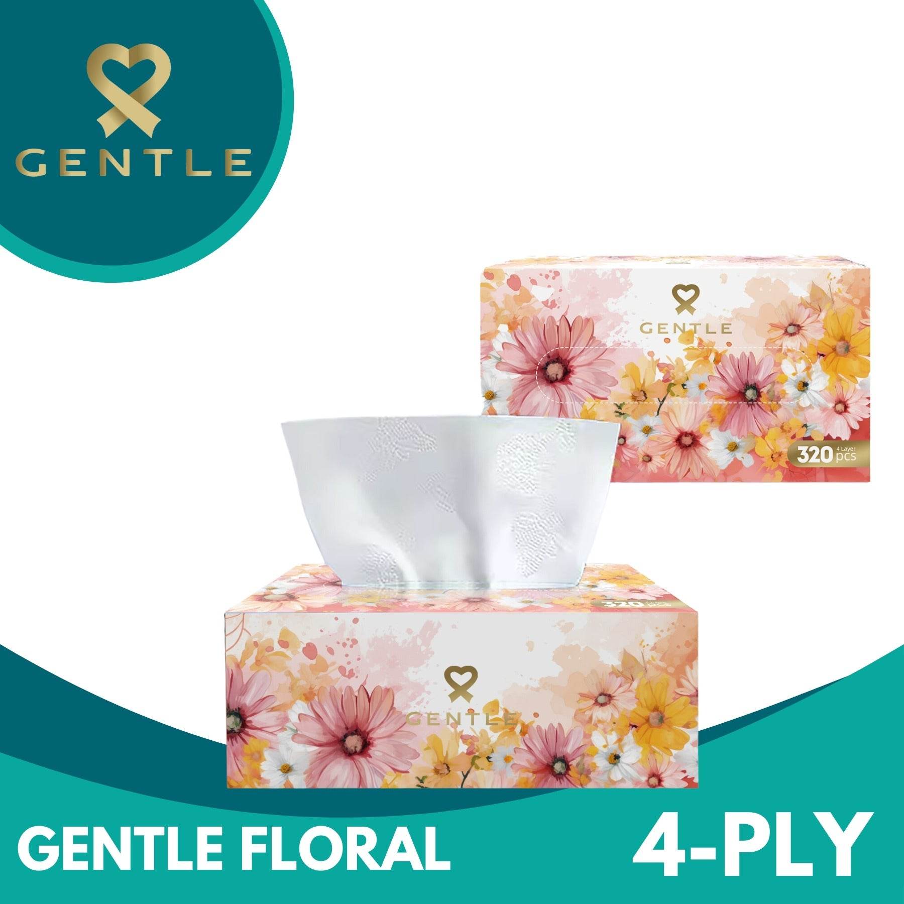 Floral 4-ply tissue box with white tissues peeking out, 320 count