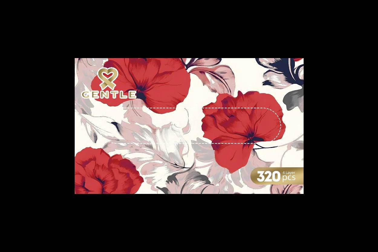 Floral tissue box front with red and pink flowers and 320 pcs label