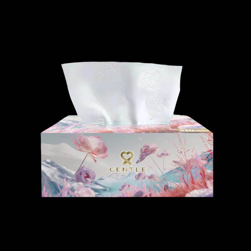 4-ply tissue box with floral front and white tissues protruding