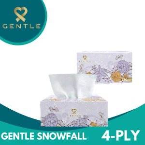 4-ply tissue box with white tissues and purple decorative print