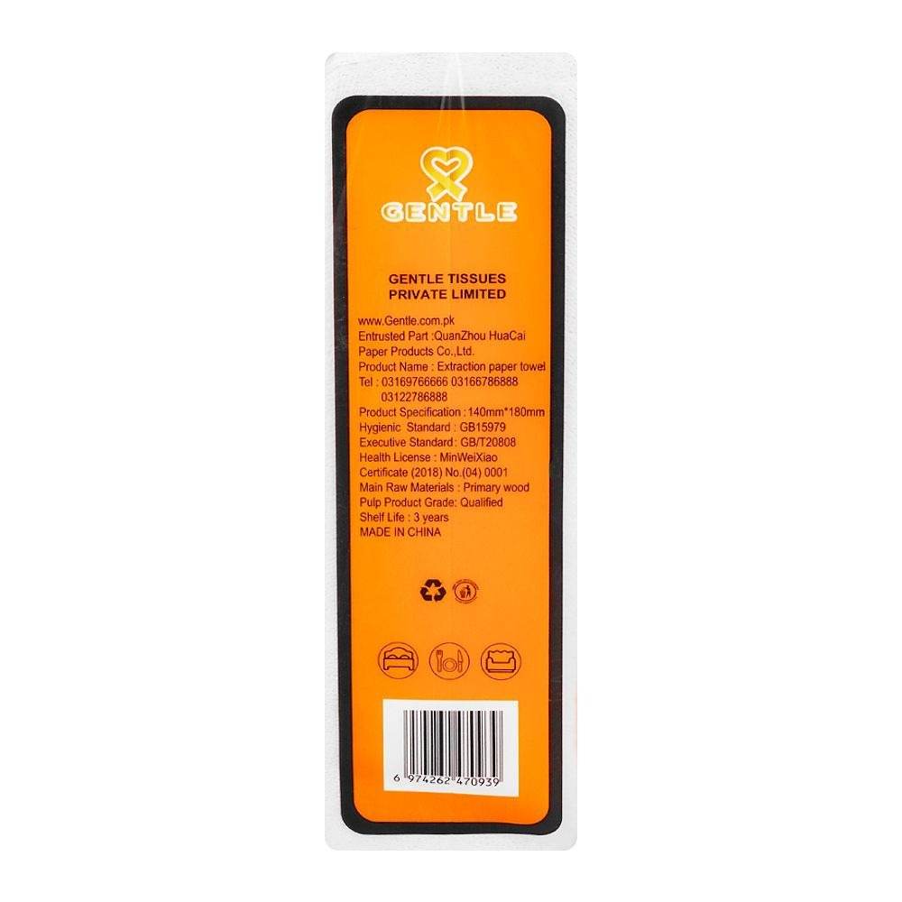 Orange tissue box back panel with printed details, white tissues in sleeve