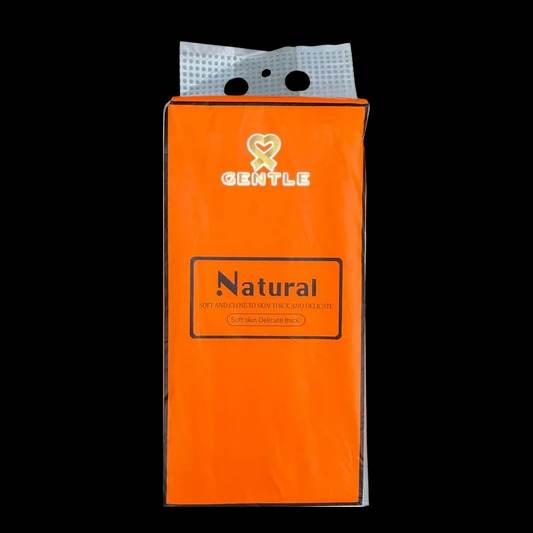 Orange tissue box with white perforated tissues on top and front “Natural” label