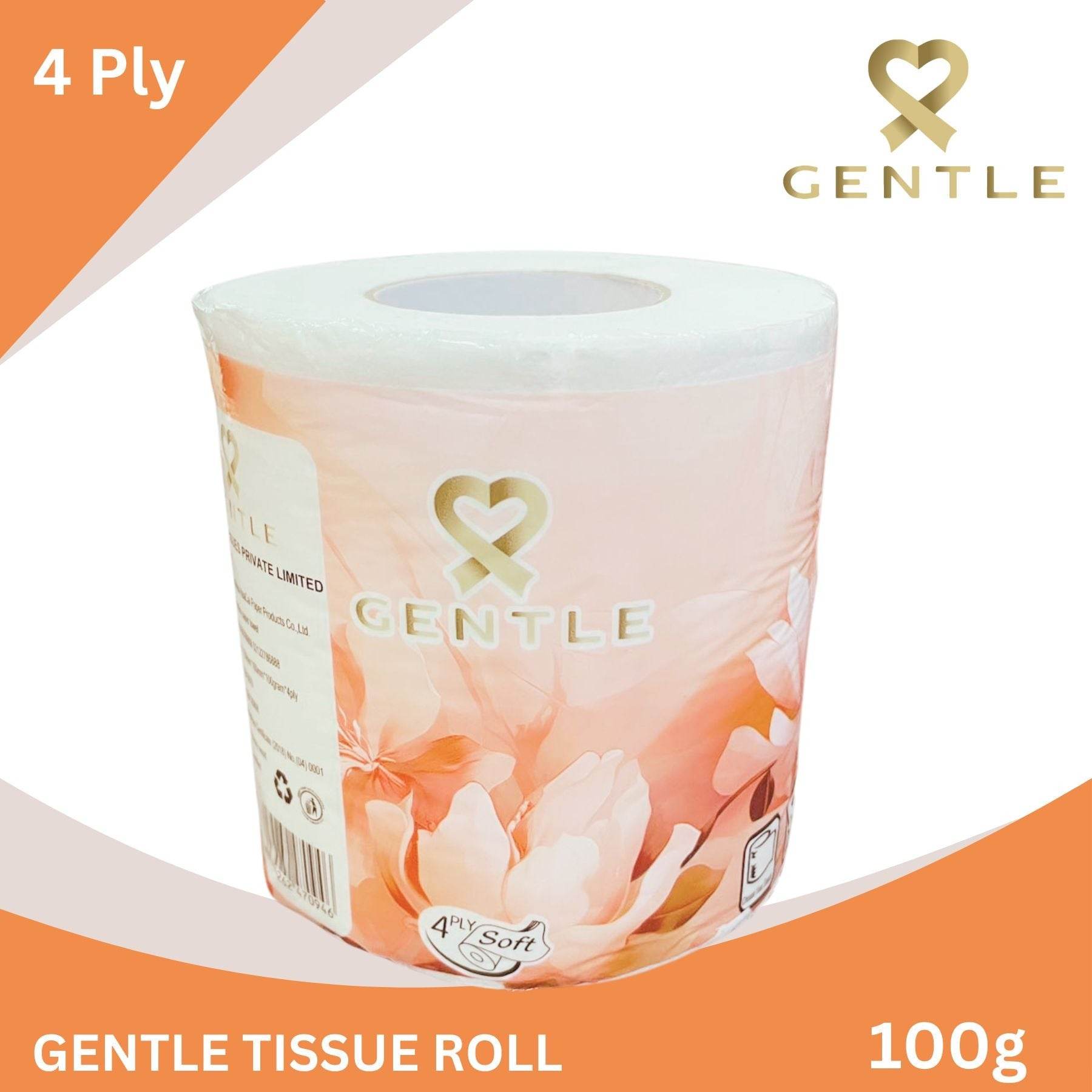 4-ply gentle tissue roll 100g, floral white peach wrap with heart logo