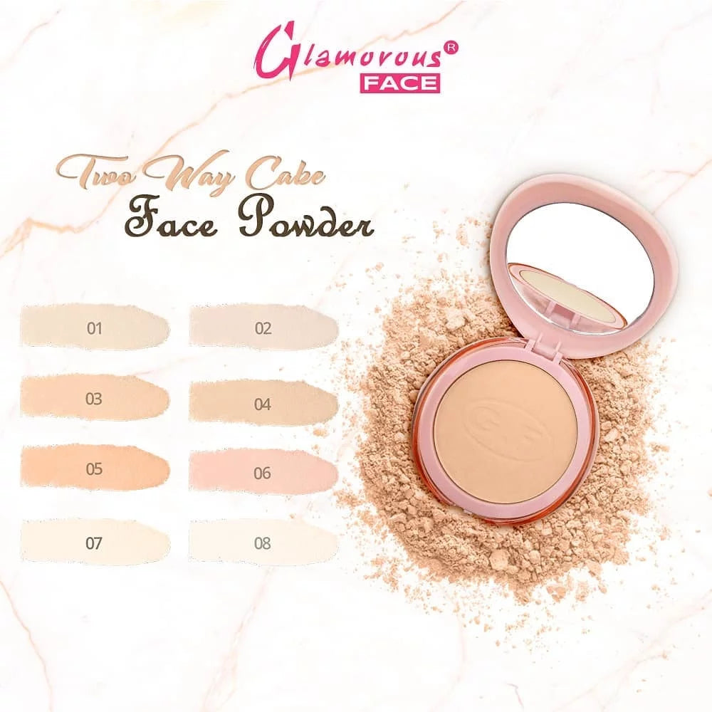 Beige face powder compact with multiple shade swatches and loose powder