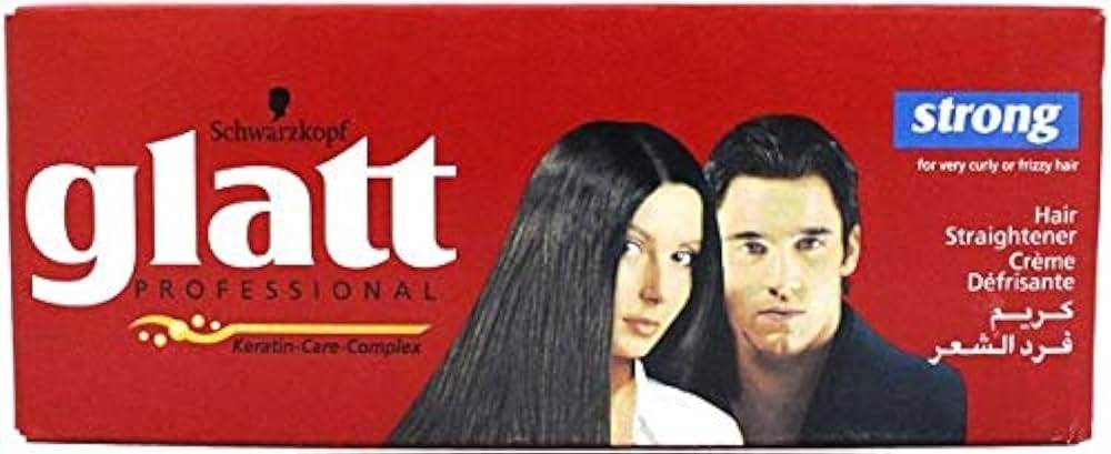 Red glatt professional hair straightening cream box, strong, with two model portraits