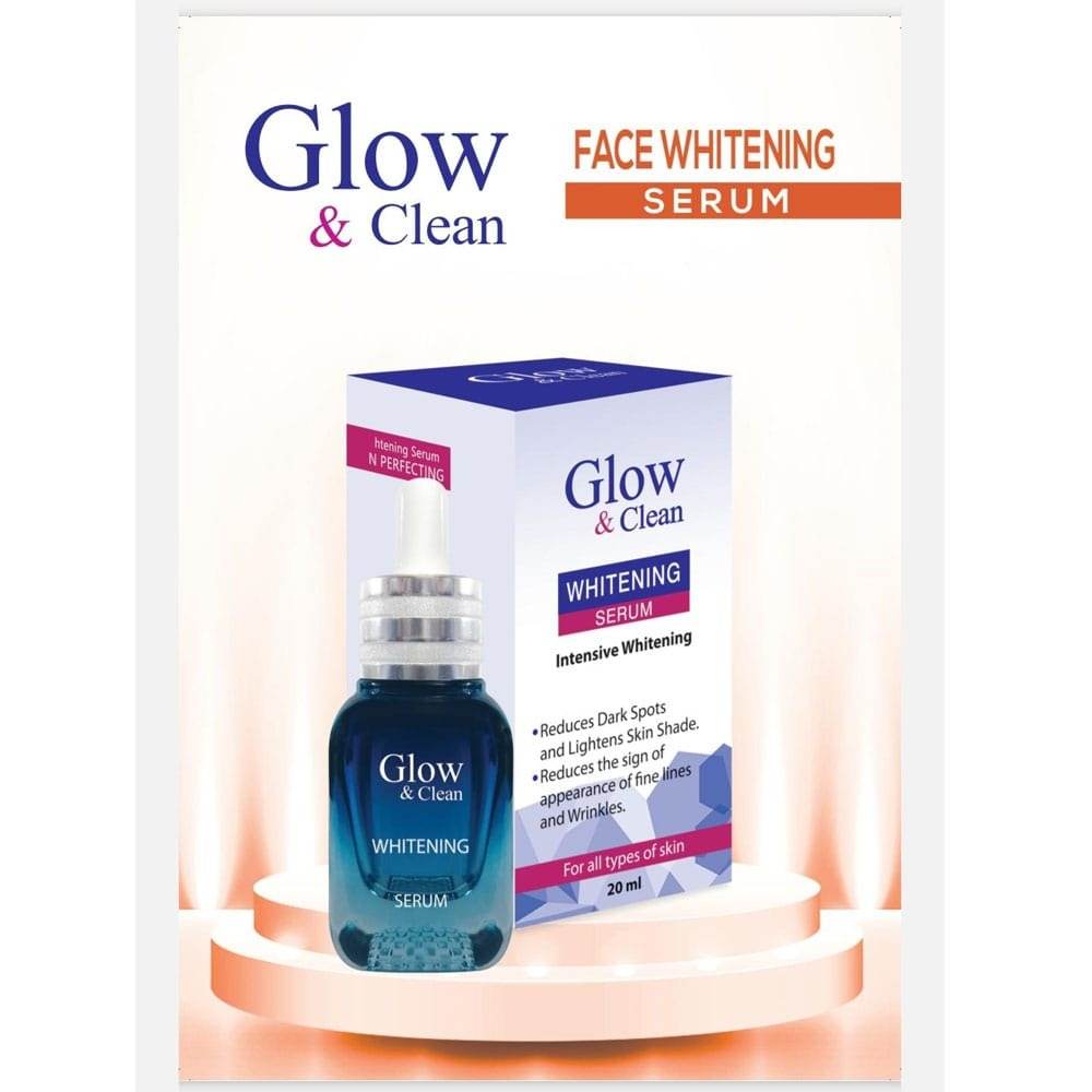 Whitening serum bottle beside white-and-blue packaging box labeled face whitening serum