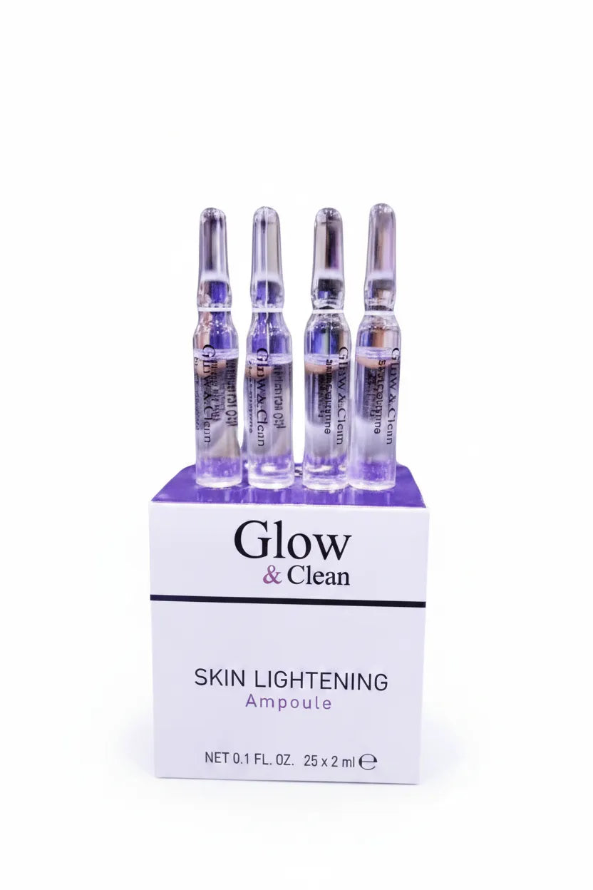 Glow & Clean skin lightening ampoule box with four clear vials