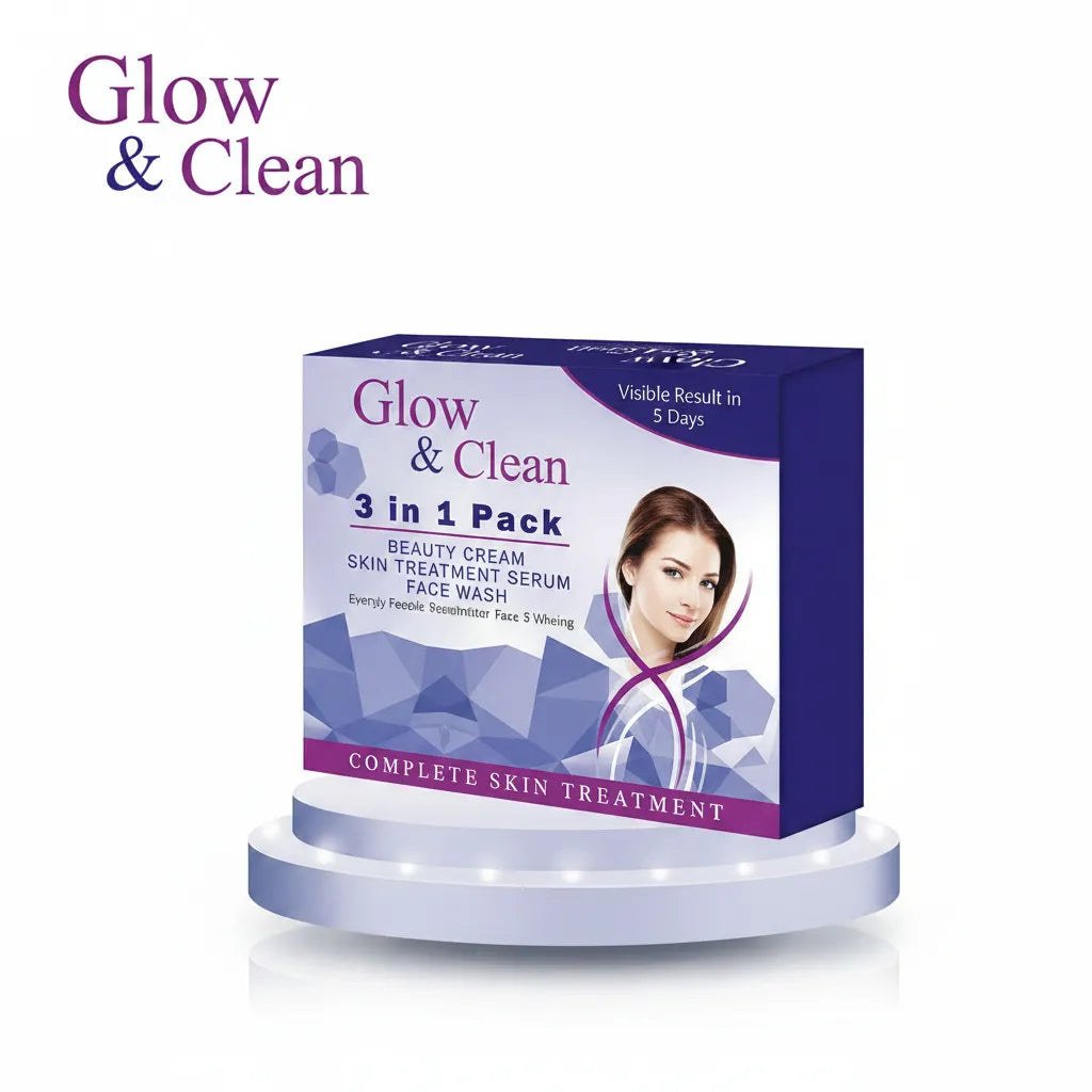 Glow & Clean 3-in-1 pack skincare box on pedestal with face wash and serum