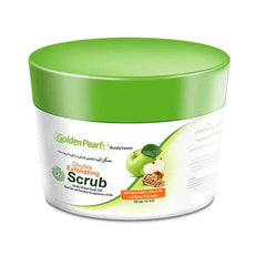 Golden Pearl double exfoliating scrub jar close-up with green lid and white tub