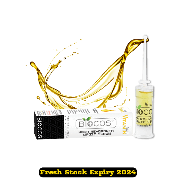 Hair regrowth serum bottle with box and gold oil splash, Biocos