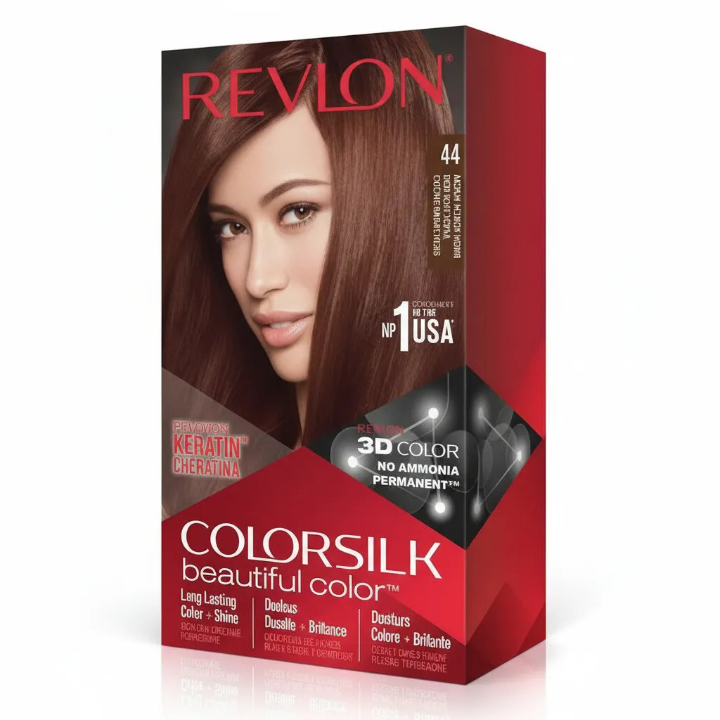 Revlon ColorSilk hair color box, shade 44, 3D color gel, no ammonia