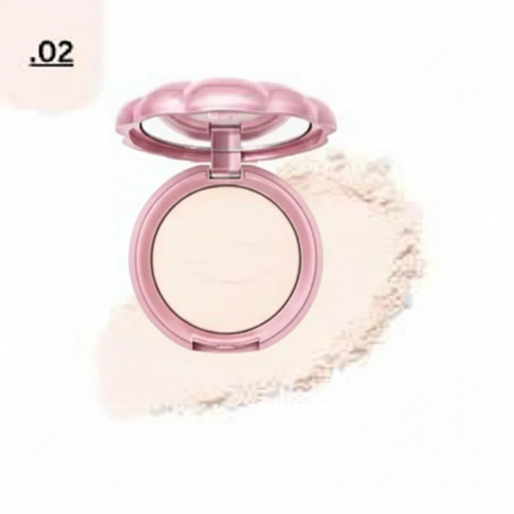 Face powder compact with open round case and pale beige pressed powder