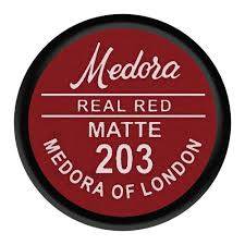 Medora 203 Real Red matte lipstick cap label on round black case