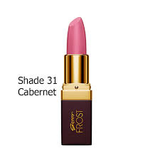 Lipstick tube with pink bullet and gold cap, FROST logo on dark base