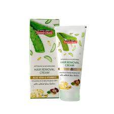 Hair removal cream box and squeeze tube, white with green label