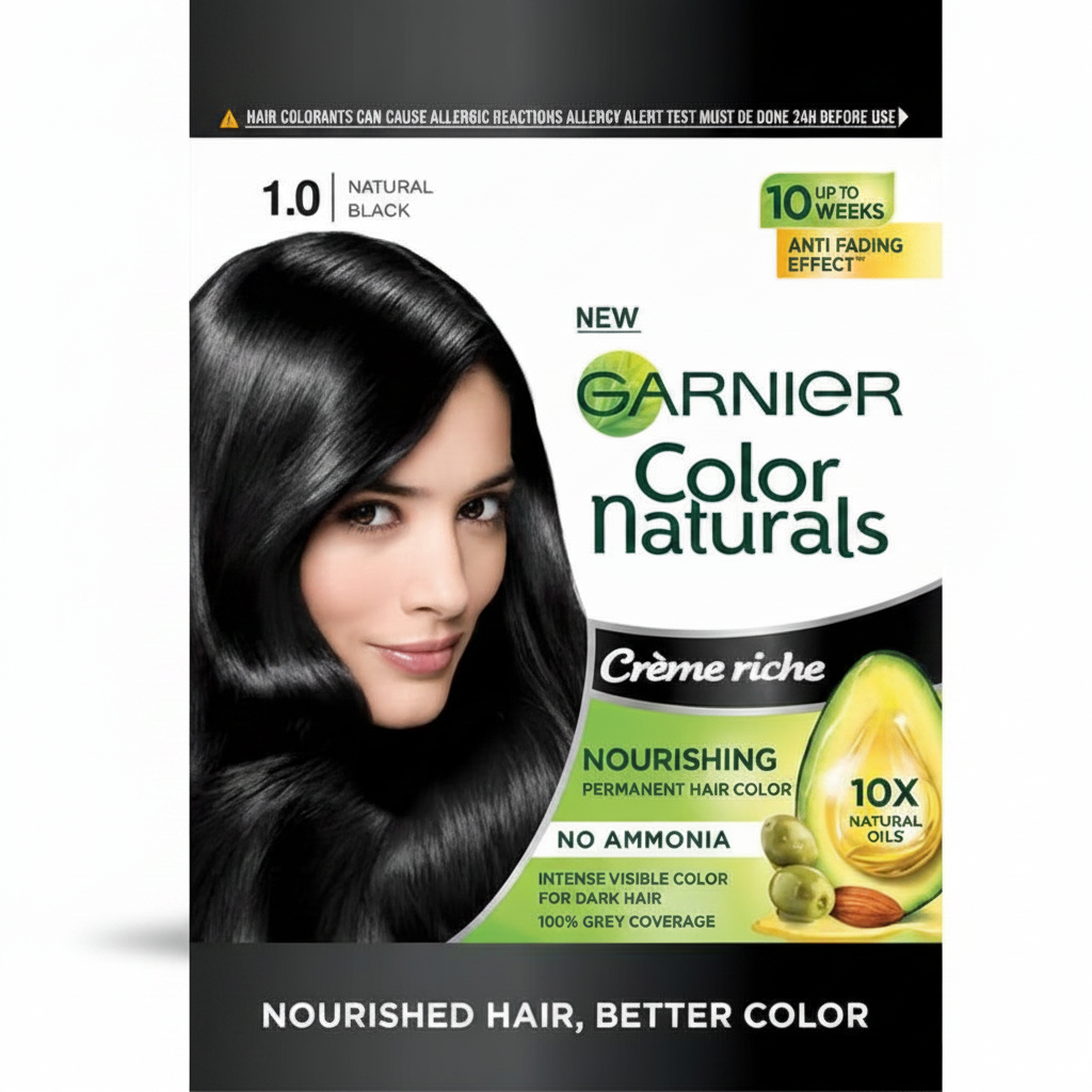 Hair color sachet box, 1.0 natural black, shown with product front and hair portrait.