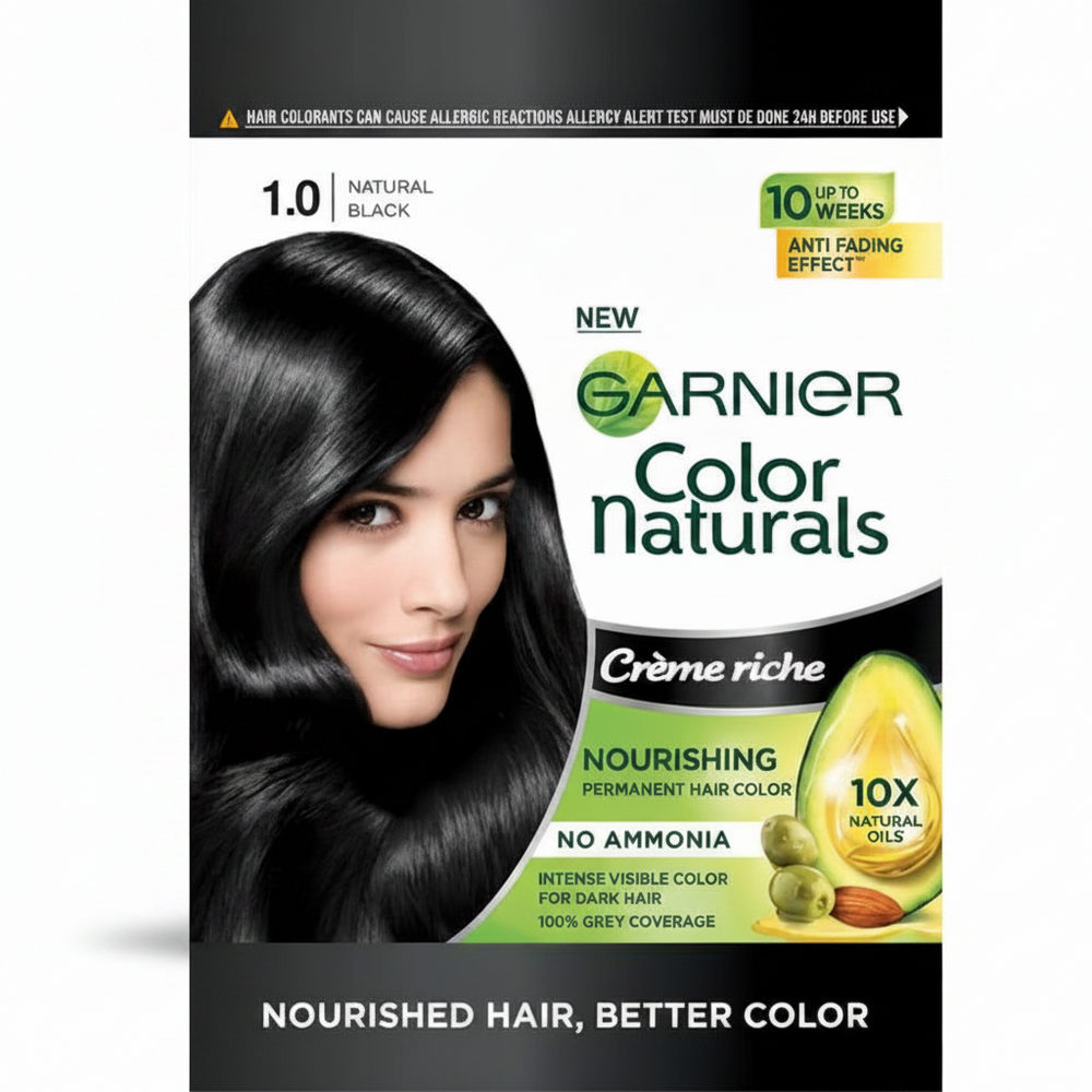 Hair color sachet box, 1.0 natural black, shown with product front and hair portrait.