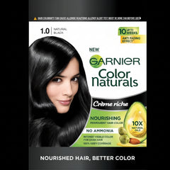 Hair color sachet box for natural black (1.0), with glossy black hair portrait.