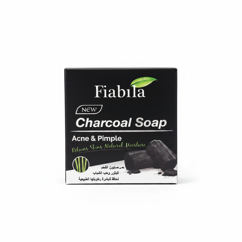 Charcoal soap box for acne and pimple care, black front panel