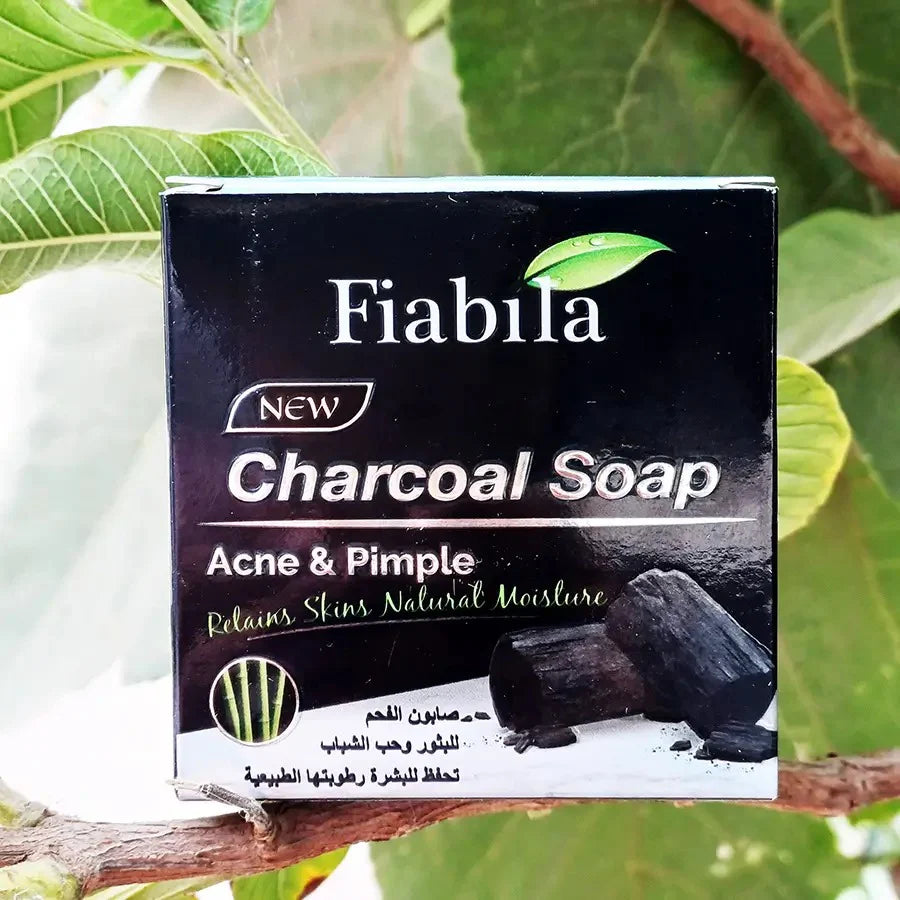Charcoal soap box for acne and pimple care, front label and charcoal bar