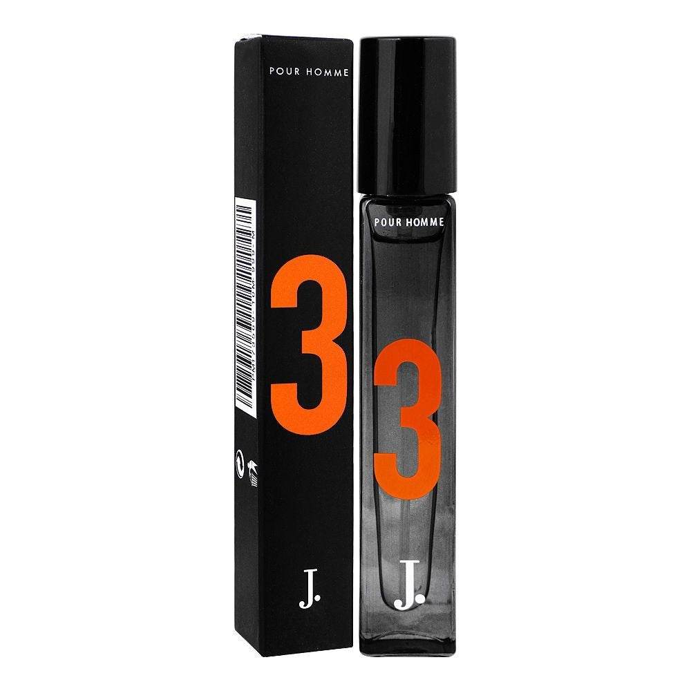 Men's fragrance bottle beside box, black with orange "3" numerals