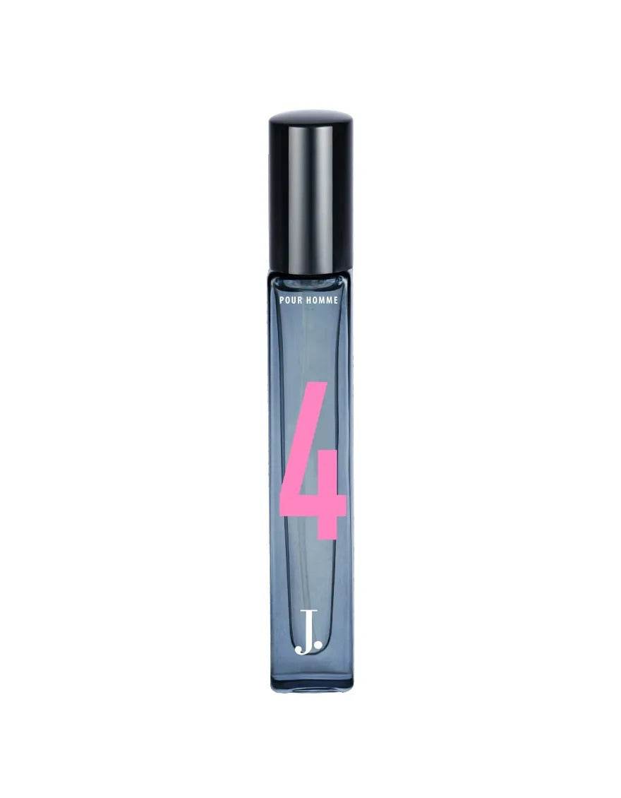 J. 4 Pour Homme fragrance bottle, black cap, pink 4 on clear 10 ml bottle