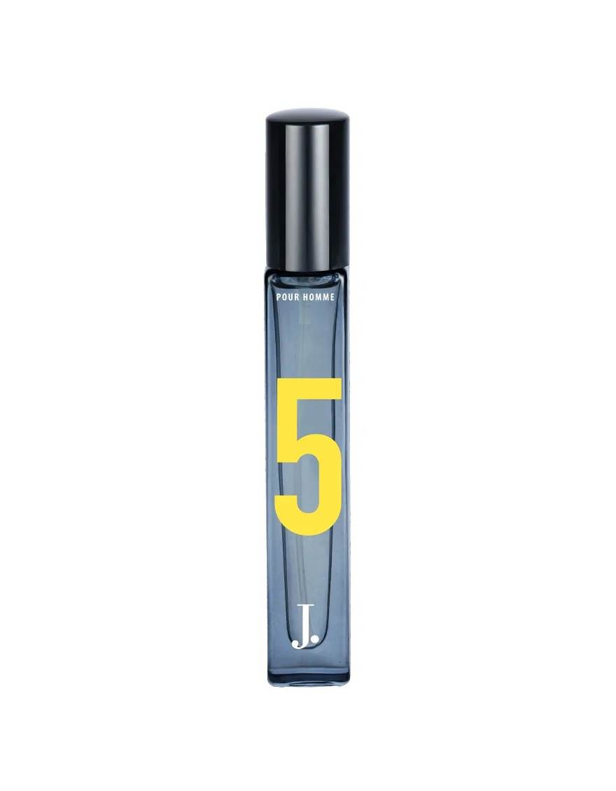 Men's fragrance bottle, dark glass with yellow 5 on front