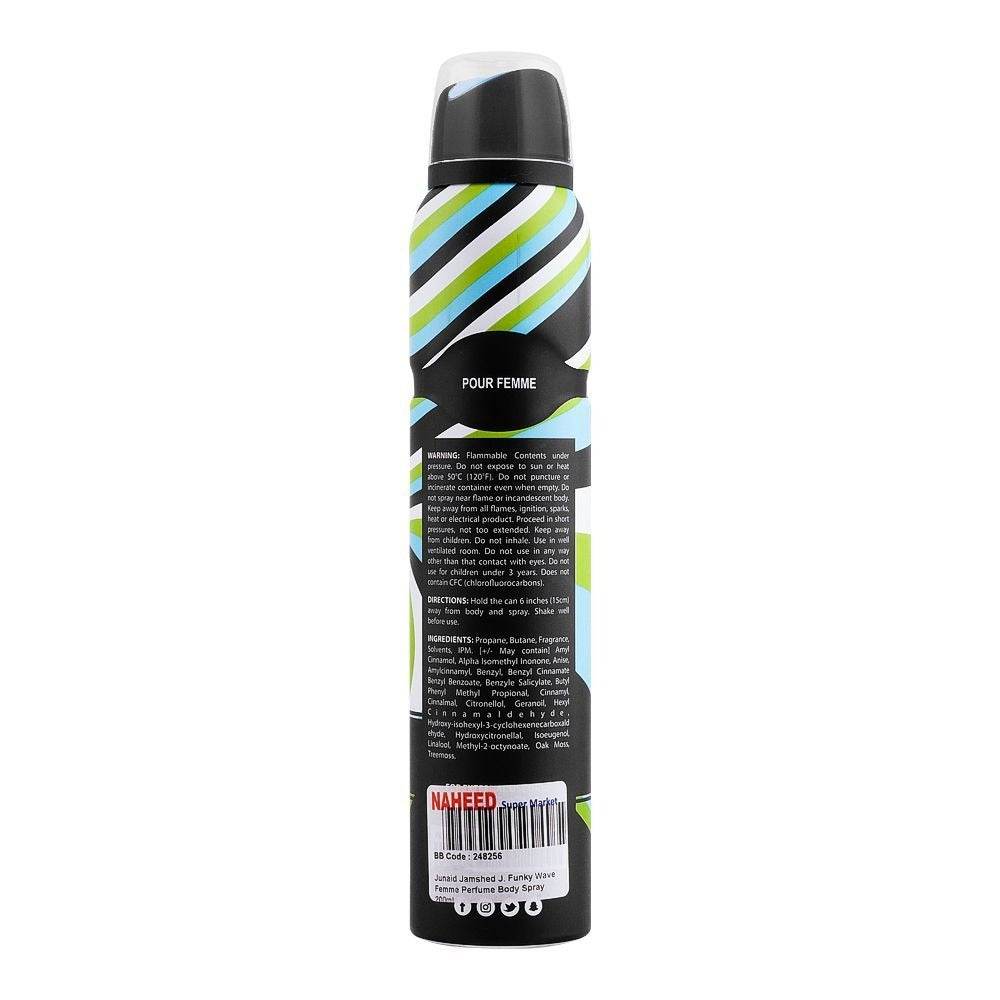 J. body spray bottle back label with barcode and ingredient text; striped black, white, green, blue
