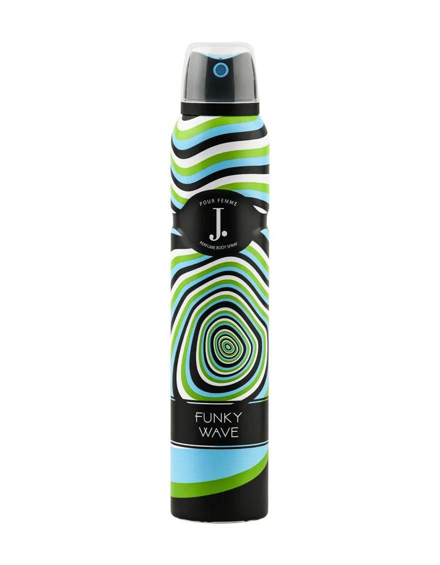 J. body spray bottle with Funky Wave graphic and striped black, white, green, and blue design
