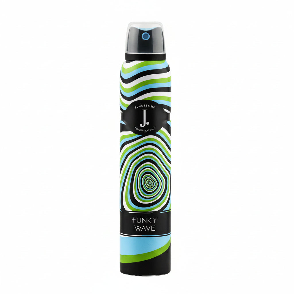 J. body spray bottle with Funky Wave graphic and striped black, white, green, and blue design