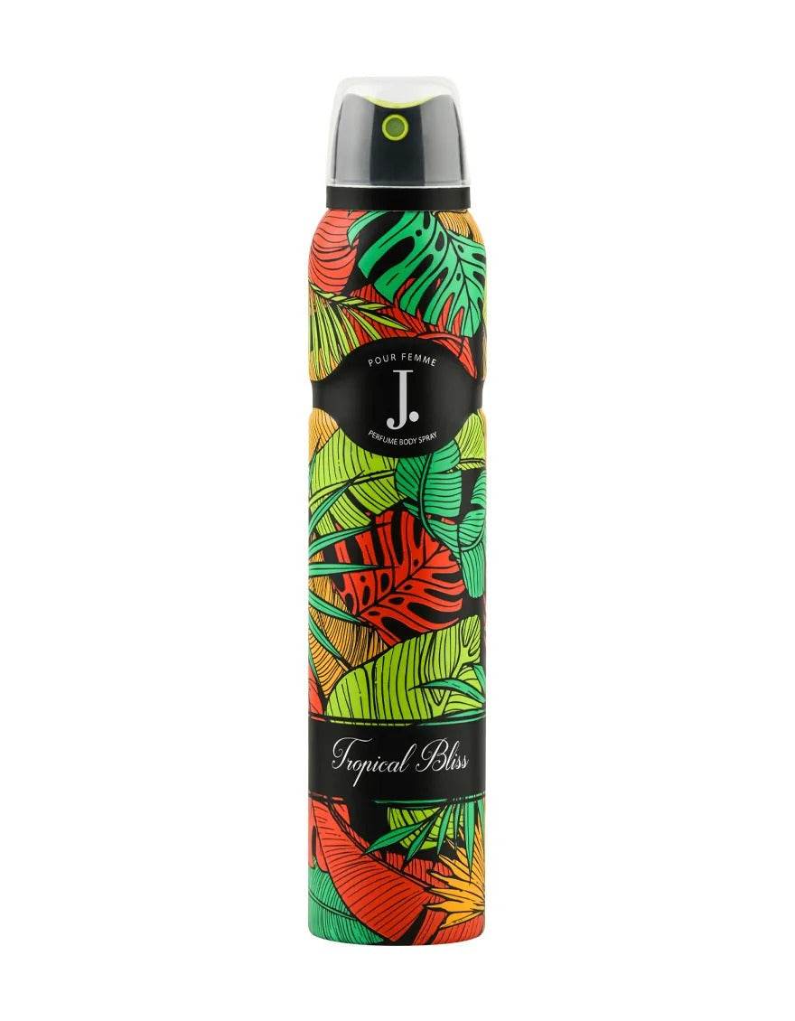 Body spray bottle with colorful tropical leaves, black band, silver cap