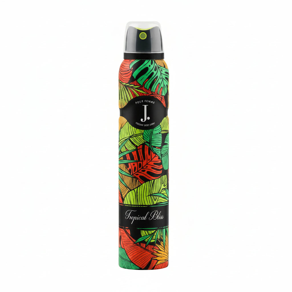 Body spray bottle with colorful tropical leaves, black band, silver cap