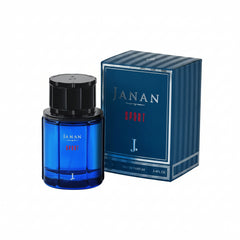 Sport eau de parfum set: blue glass bottle with black cap and blue box, 100ml
