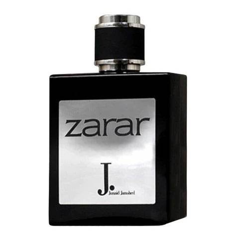 Men's eau de parfum bottle, black with silver cap and white label showing J.