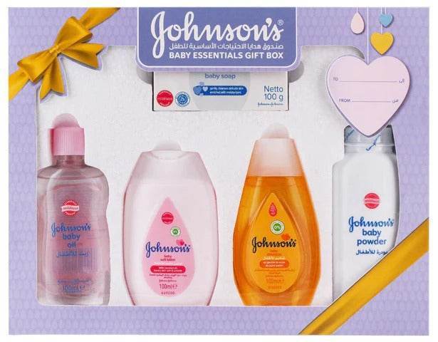 Baby essentials gift box with bottles and baby powder, purple package with ribbon