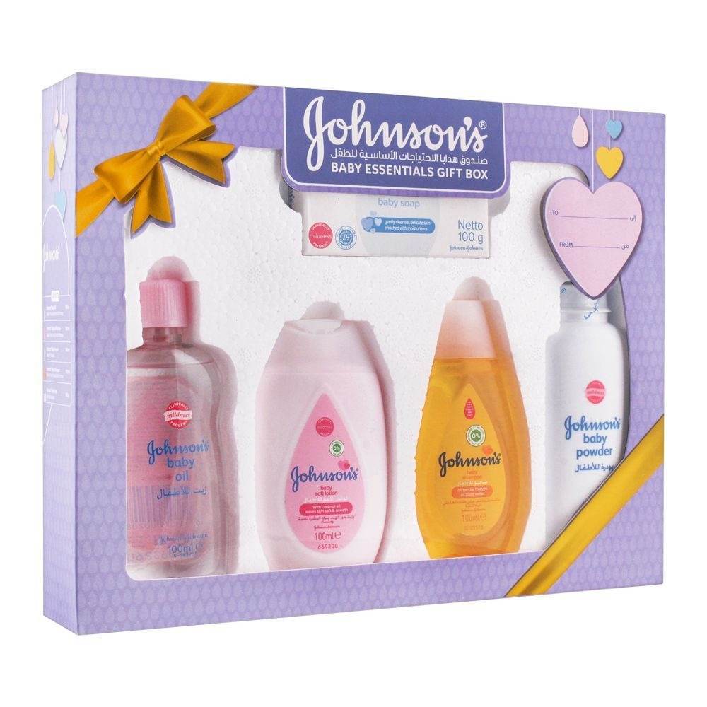 Baby toiletries gift box with five bottles: soap, soft lotion, shampoo, baby powder