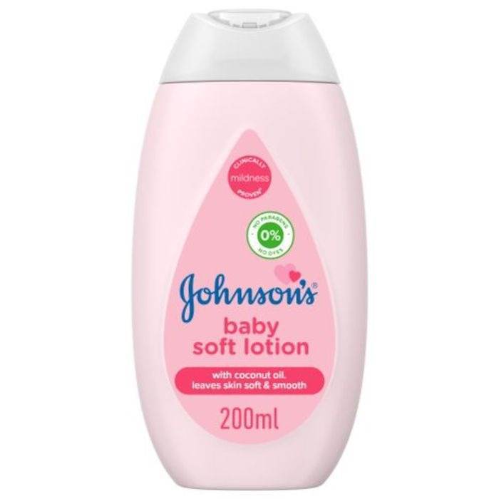 Baby soft lotion label on pink bottle with white cap, 200ml