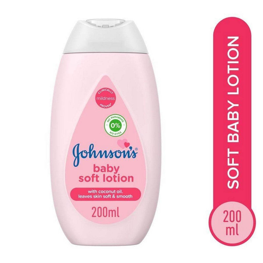 Johnson's baby soft lotion 200 ml bottle with vertical 'soft baby lotion' label