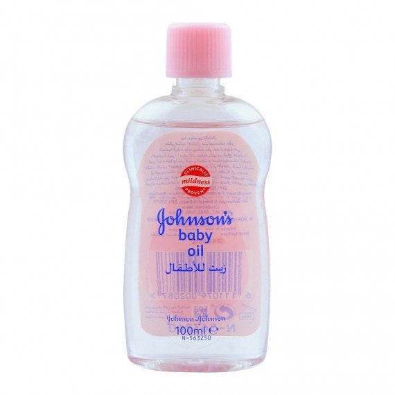Johnsons baby oil 100ml bottle with pink cap, product label view