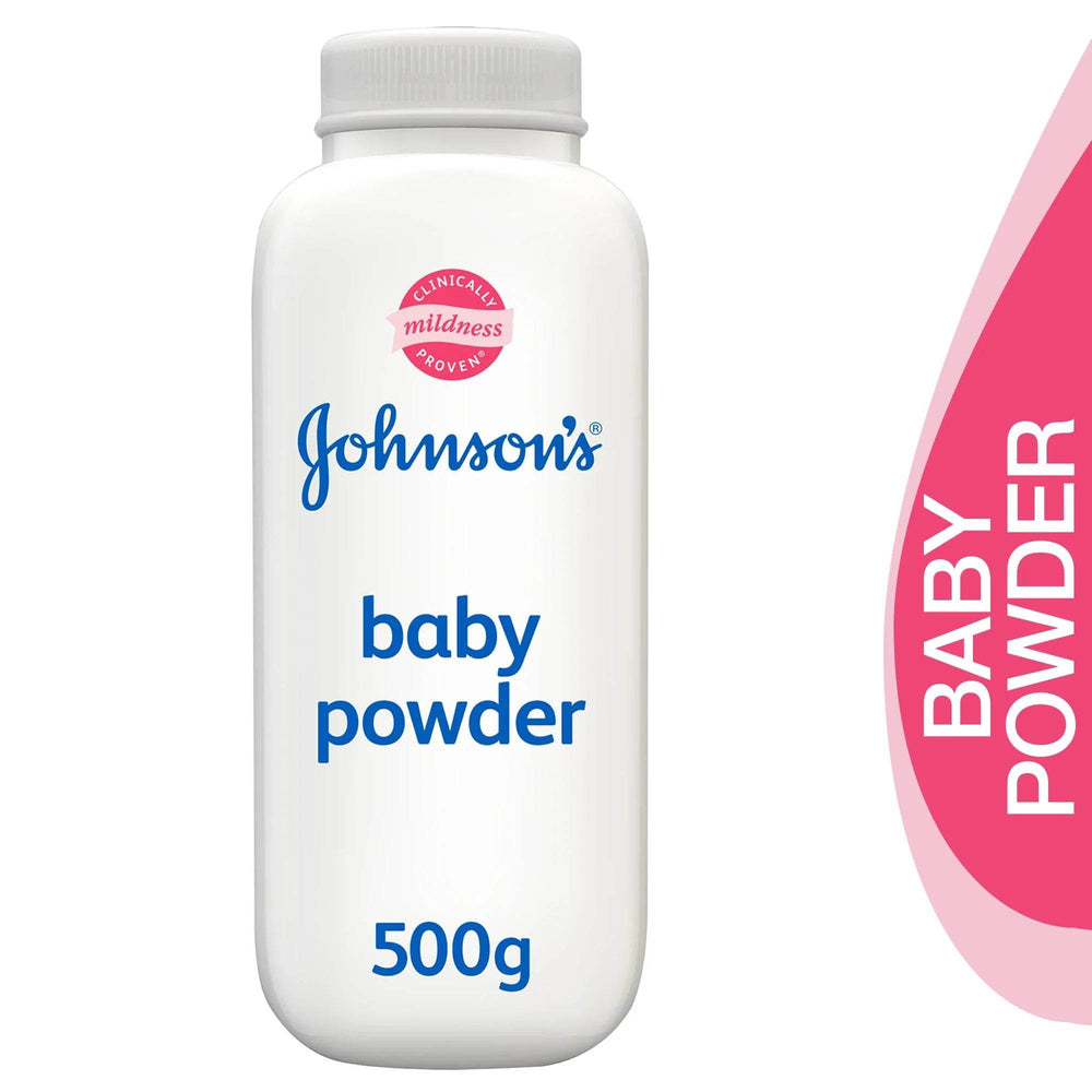 Johnson's baby powder bottle, 500g, close view of label with blue text