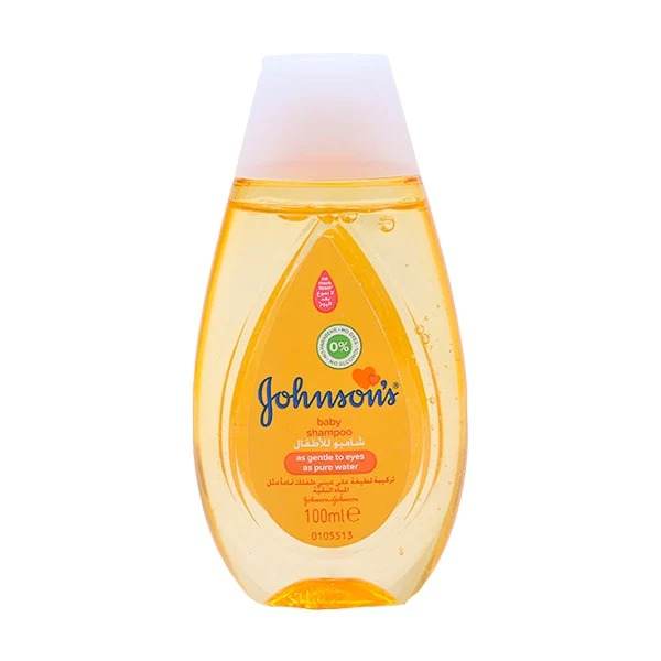 Baby shampoo bottle with Johnson’s label, 100ml, angled back view