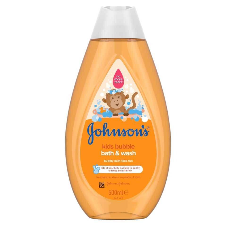 Johnsons kids bubble bath & wash bottle, orange 500ml, back label text and icons