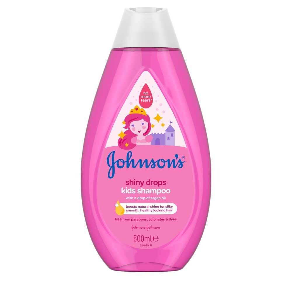Pink shampoo bottle, white cap, 500ml Johnsons Shiny Drops Kids label.