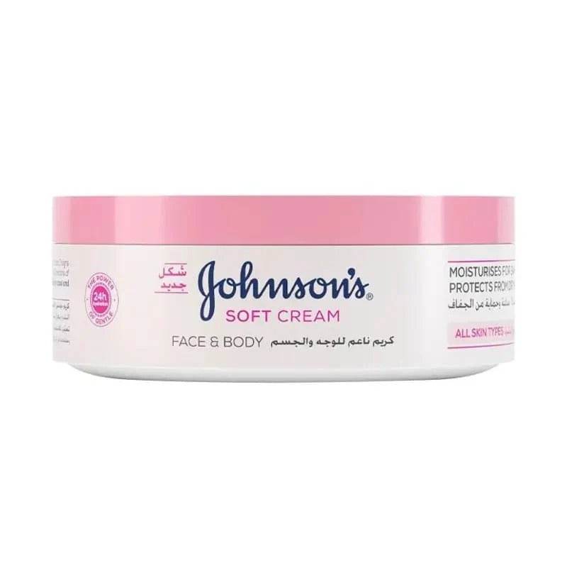 Face and body cream jar, white tub with pink top band and soft cream label.