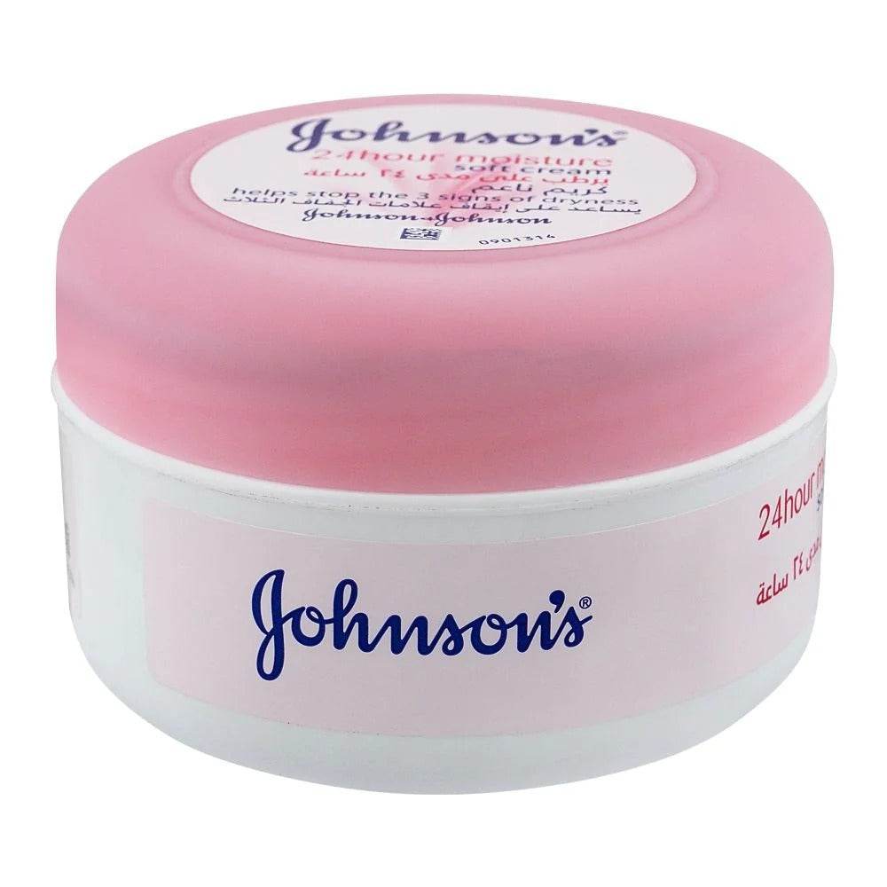 Johnson's moisture cream tub with pink lid and blue label on front