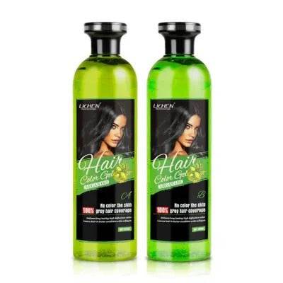 Lichen hair color gel, two green bottles with black label and pump caps
